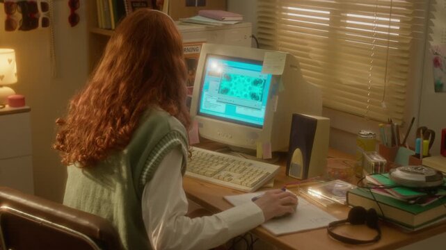 Caucasian teenage girl sitting at desk, using retro computer with CRT monitor, navigating with mouse from rear view. Clip is ideal for nostalgic 90s tech ads or retro lifestyle videos