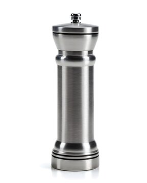 Stainless steel pepper grinder with brushed finish, upright position isolated on white background