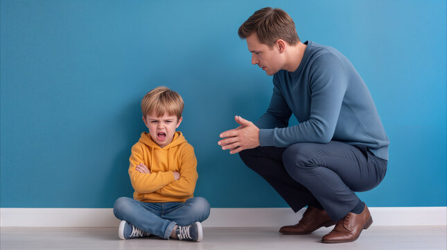 Aggressive little boy shouting at his father during temper tantrum. Parenting challenges and child behavior management.