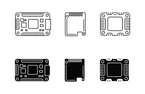 Microchip circuit board processor icons set, line and solid computer CPU symbol for electronic hardware development, technology, and microelectronics design.