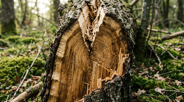 A close-up shot of a broken tree trunk showing detailed wood grain and growth rings in a forest