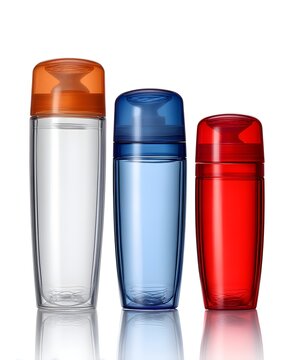 Transparent cosmetic travel bottle set with flip caps, compact toiletry containers isolated on white background