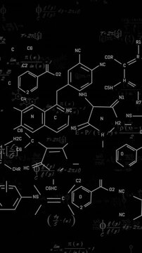 Chemical formulas and molecular structures animation over black background