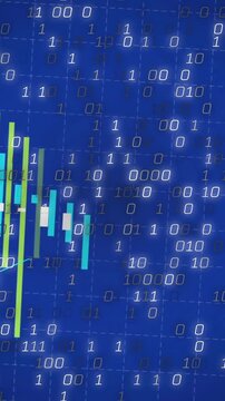 Financial data charts and binary code animation over blue background