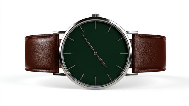 A stylish brown leather strap watch with a minimalist green face, perfect for enhancing any outfit. Timekeeping elegance meets modern design.