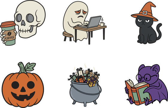 Set of 6 cute retro Halloween mascot stickers, vintage spooky autumn character vector illustrations isolated on white background