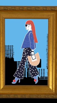 Animation of fashion drawing of model with cityscape in background