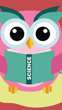 Animation of digital owl holding book and school items icons on red background