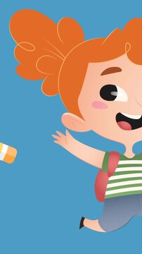 Animation of digital schoolgirl and school items icons on blue background