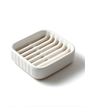 White ceramic soap dish with drainage grooves, soft shadow grounding isolated on white background