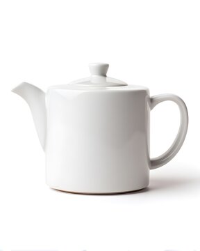 White ceramic teapot with minimalist spout and lid, smooth matte glaze, centered studio composition isolated on white background