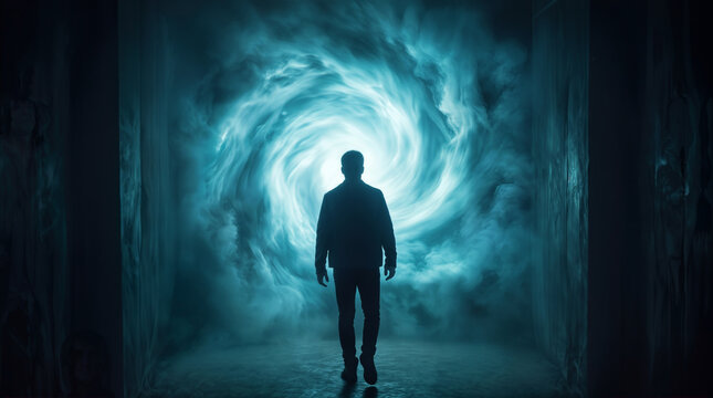 Interdimensional portal opening in dark corridor with man silhouette. Futuristic transportation concept and time travel exploration.