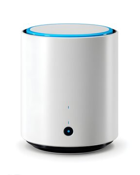 White cylindrical appliance with blue indicator light, modern home device isolated on white background