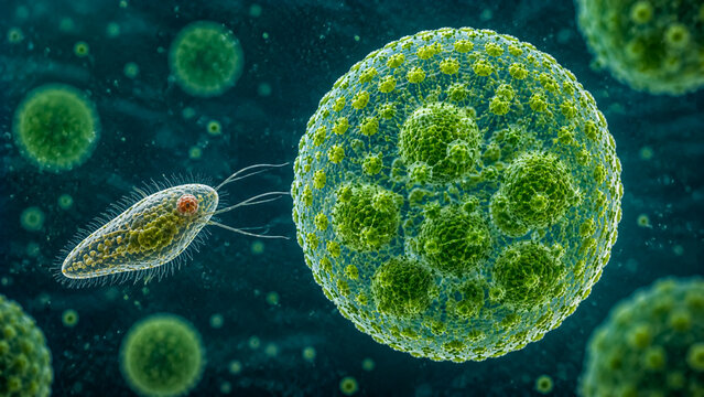 Paramecium attacking a Volvox colony