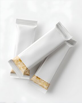 White snack bar packaging with sealed edges and smooth matte surface, food mockup isolated on white background