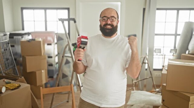Man holding tape dispenser, smiling and fist pumping amid stacked moving boxes, ladder, packing materials and tape gun while wearing white t shirt in building; relief.