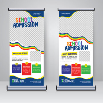 School admission roll up banner template vector illustration with colorful wavy design and photo placeholders
