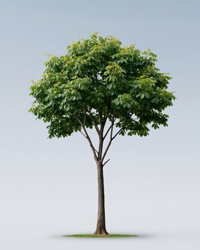 Mature broadleaf tree with a lush green canopy and fissured bark, standing alone on a neutral background for landscape design and architectural visualization