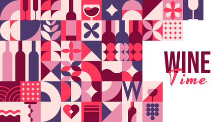 Fototapeta premium Wine winemaking and winery poster with geometric pattern with glasses, bottles and grape motifs in pink red and purple tones. Festive mosaic vintage tasting party background for winery celebration