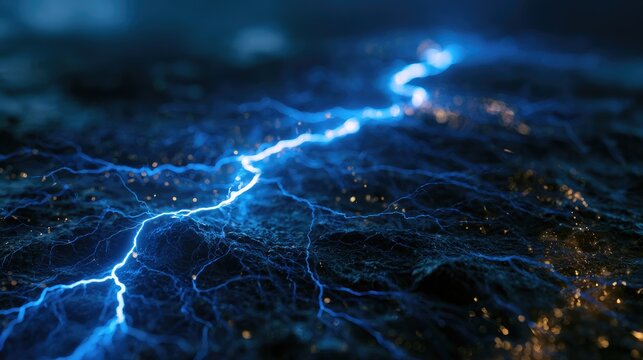 Brilliant blue lightning strikes across a dark, textured surface with sparks