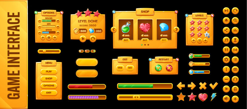 Game UI interface with golden buttons, indicators or rewards and level windows. Video game interface with loading scale and menu of gamer GUI assets and arcade videogame user elements of gold bars
