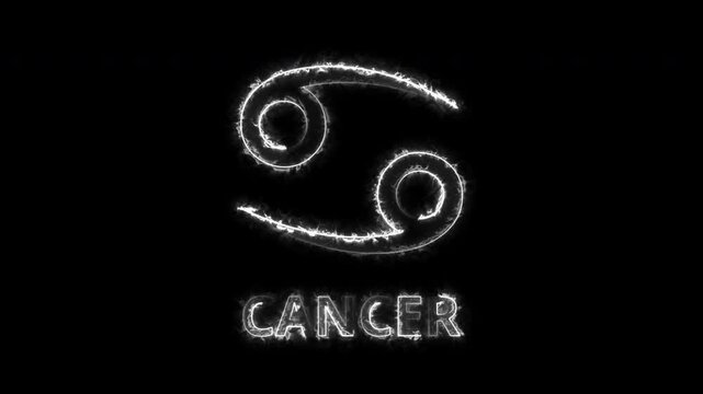 Cancer Zodiac Sign Animated Glowing Symbol with Text on Black Background