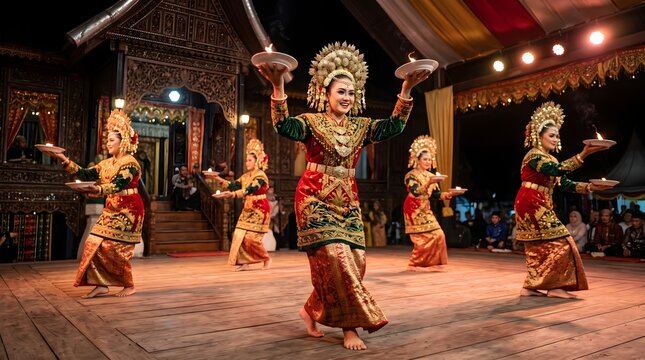 Minangkabau Dancer Performing Tari Piring Plate Dance in Traditional Attire