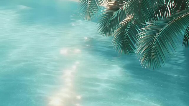 Summer hot vibe lifestyle. A vivid portrayal of a tropical beach scene. The main subject is a serene body of water reflecting the sky and the surrounding foliage. The water is a deep turquoise.