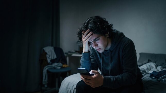 Stressed young man wearing a hoodie holding his head in anxiety looking at a smartphone screen in a dark bedroom at night.