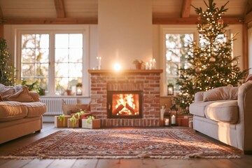 Naklejka premium Cozy living room with a burning brick fireplace and decorated Christmas tree, featuring warm ambient lighting and soft textures for holiday lifestyle