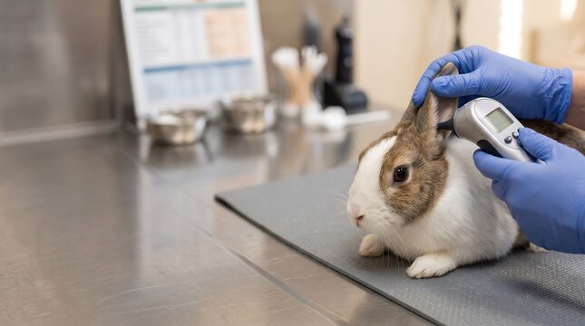 Veterinarian checking rabbit ear temperature with digital thermometer in clinic