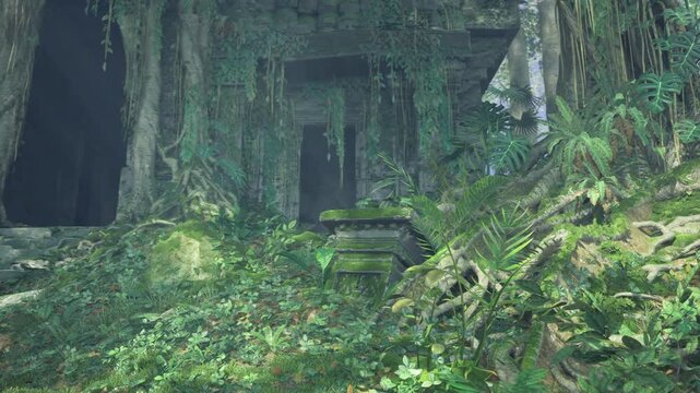 lush green plants reclaiming ancient stone ruins under dense canopy, groundcover and ferns overtaking steps ecological mood highlights biodiversity, habitat