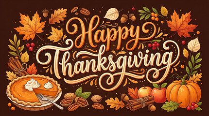 Fototapeta premium Festive Thanksgiving Celebration with Pumpkin Pie Autumn Leaves and Harvest Symbols