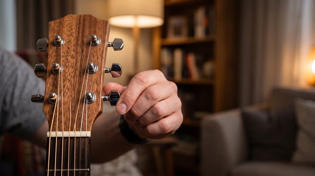 Musician tuning acoustic guitar headstock in a cozy home living room setting