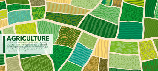 Fototapeta premium Green farm field top view of agriculture plantation background of farmland. Farm field top view of aerial map of vineyards, garden parks and orchards with furrows in abstract patchwork pattern