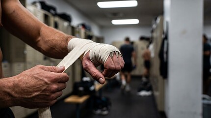 Fototapeta premium Boxer wrapping hands with white tape in a gym locker room before training session