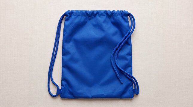 A blue drawstring backpack isolated on a simple plain background.