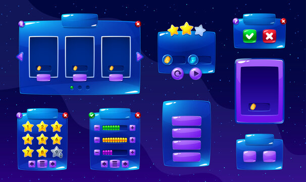 Galaxy space game interface window board and menu frame panels. Space game UI kit with slot machine window, star rating panels, level select grid and progress bars for app development