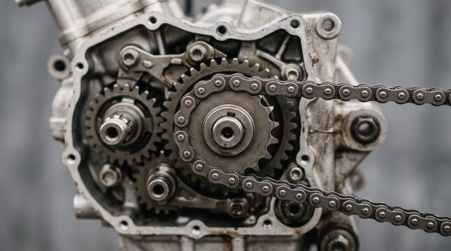 Close up view of internal combustion engine timing chain and sprocket gears, detailed automotive repair showing metal mechanical parts, maintenance service for car workshop