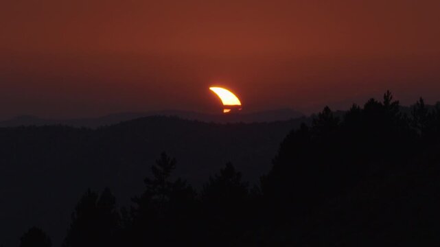 Close partial solar eclipse crescent low on horizon above silhouetted pines and distant mountain layers