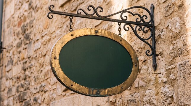 An ornate vintage metal sign hanging on a rustic stone wall.