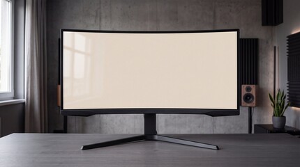 Fototapeta premium Modern curved computer monitor with blank screen on a desk in a home office.
