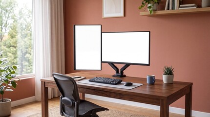 Fototapeta premium Modern home office workspace with dual monitors and blank screens for copy space.