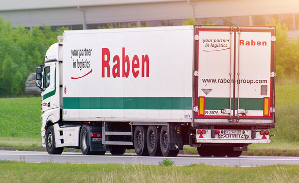 Freight raben transport trailer passing industrial district road 29.08.2025 Poland, Europe