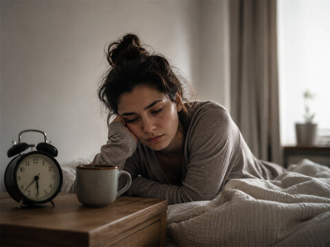 Tired woman facing monday blues while sitting on the edge of an unmade bed beside an alarm clock and coffee cup as she struggles to wake with low energy stress and lingering exhaustion