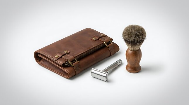 Vintage Shaving Kit with Leather Pouch Safety Razor and Brush
