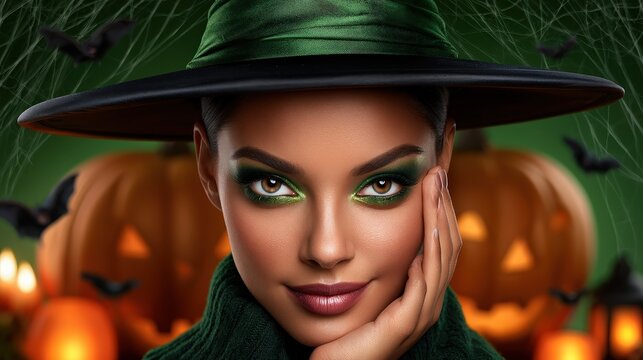 Stylish Woman in Witch Hat with Halloween Pumpkins