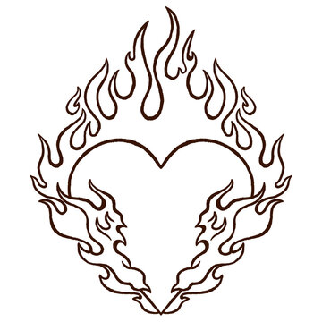 Burning Flaming Heart Line Art Vector Illustration