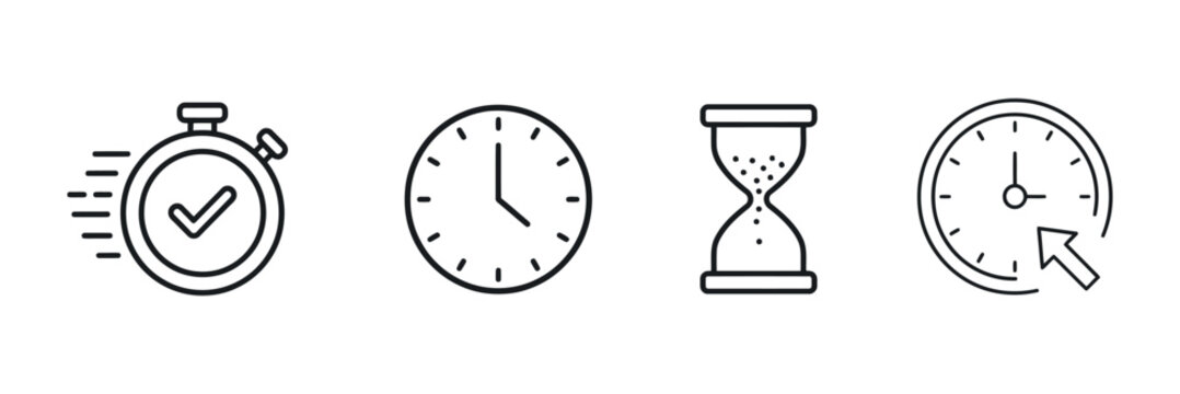Stopwatch clock hourglass and timer icons in a linear style