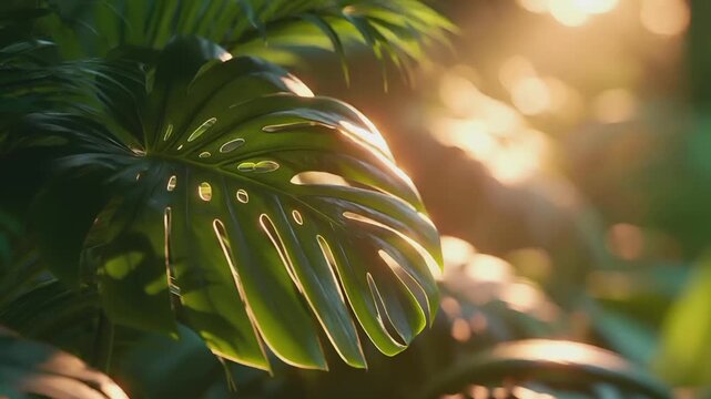 Summer hot vibe lifestyle. A closeup of a tropical plant with large, glossy, dark green leaves illuminated by the warm, golden light of the setting sun. The leaves are arranged in a fanlike pattern.